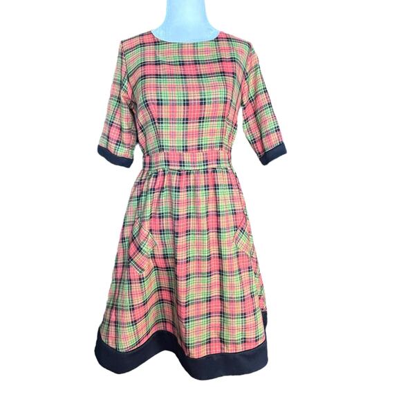 Retrolicious Orange Green Plaid Fit & Flare Dress With Pockets Size Small Retro - Picture 1 of 11